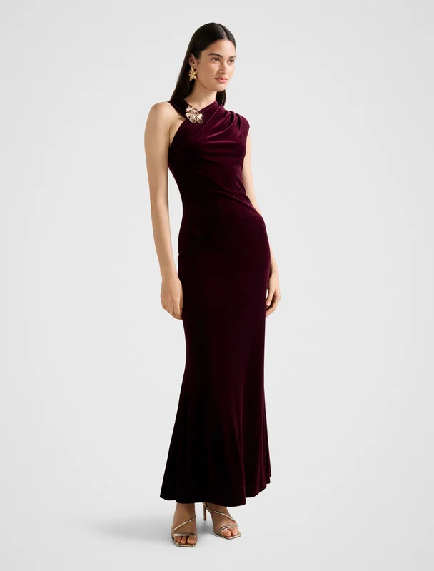 forever new  JORDANA Asymmetric Shoulder Velvet Maxi Dress for Women | Best Price UAE
